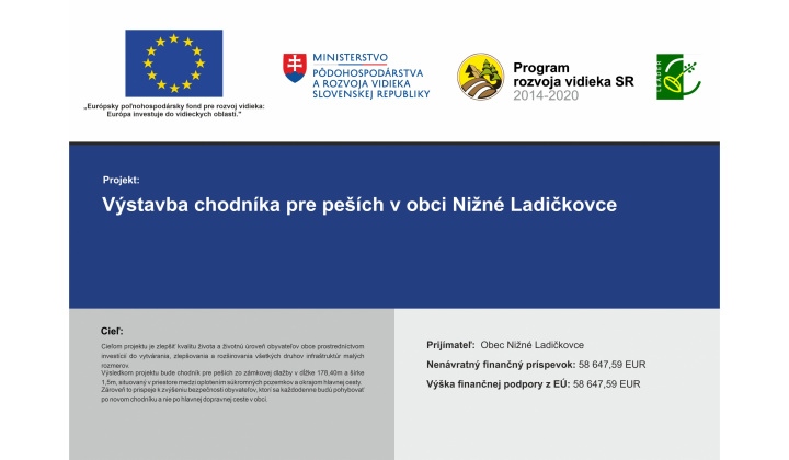 Výstavba chodníka - získaná dotácia vo výške 58 647,59 €