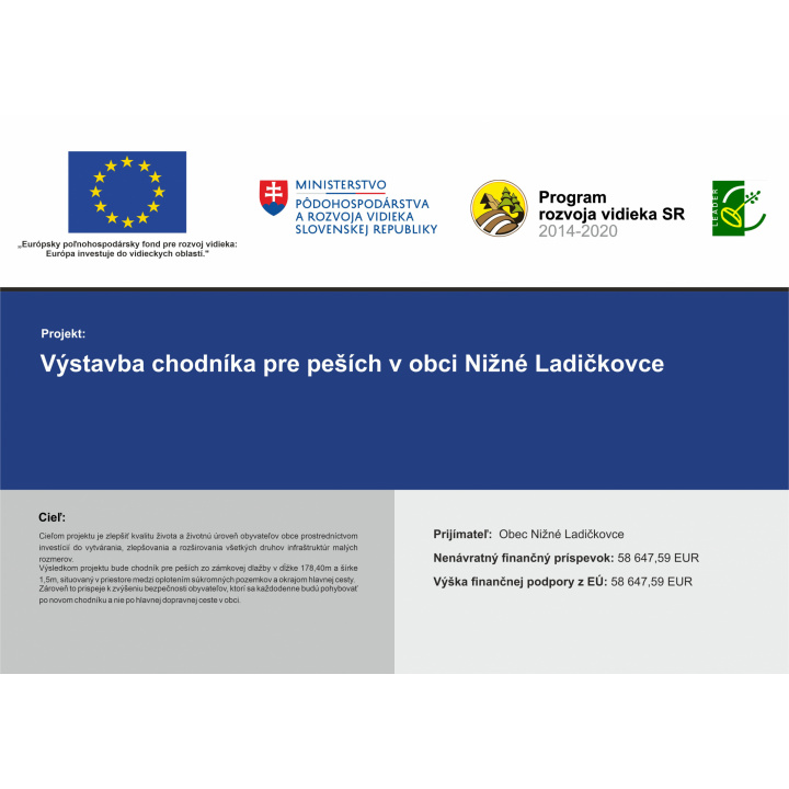 Výstavba chodníka - získaná dotácia vo výške 58 647,59 €